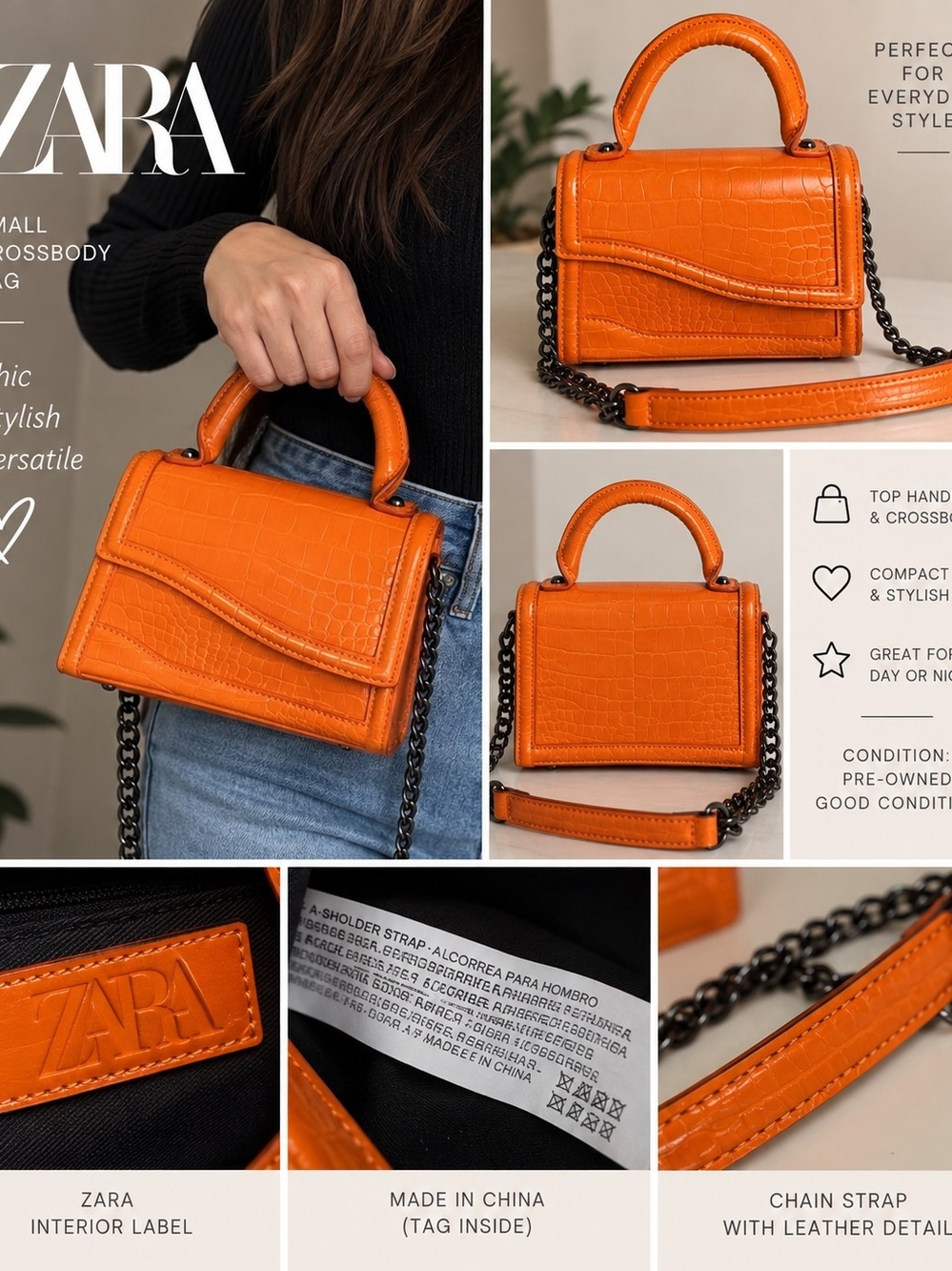 ZARA Orange Croc-Embossed Mini Top-Handle Crossbody